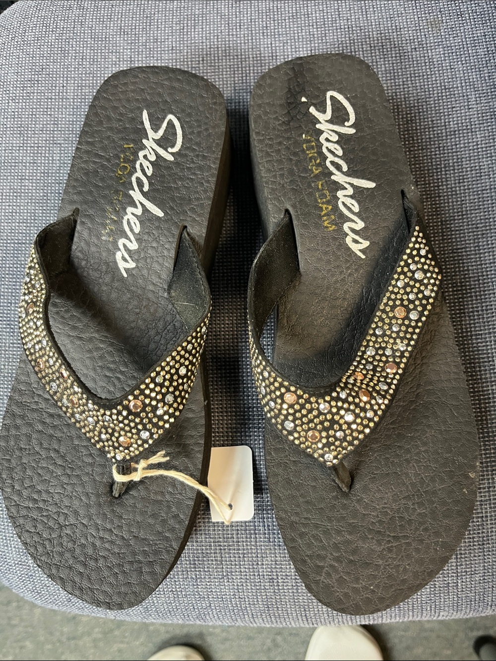 Skechers Yoga Black Wedge Flip Flops with Gold & Silver Rhinestones